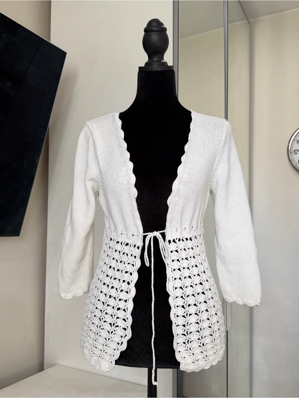 LOFT Ann Taylor White Open Knit Tie Front Crochet Cardigan